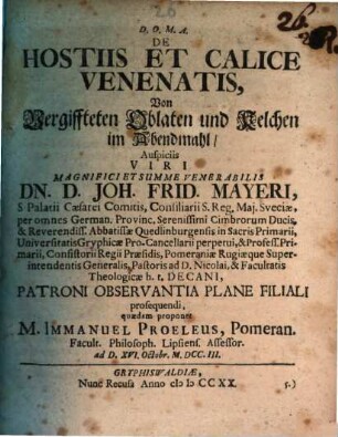 De hostiis et calice venenatis, Von Vergiffteten Oblaten und Kelchen im Abendmahl
