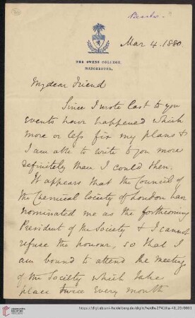 Briefe von Henry E. Roscoe an Robert Wilhelm Bunsen: Brief von Henry E. Roscoe an Robert Wilhelm Bunsen