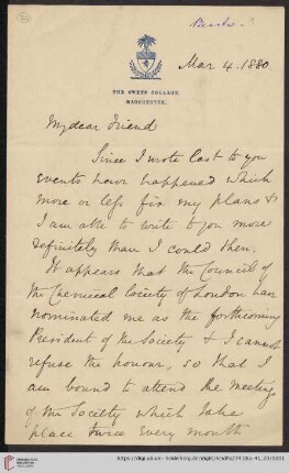Briefe von Henry E. Roscoe an Robert Wilhelm Bunsen: Brief von Henry E. Roscoe an Robert Wilhelm Bunsen