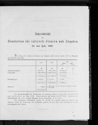 Jahresbericht der Deputation für indirecte Steuern und Abgaben für das Jahr 1891.