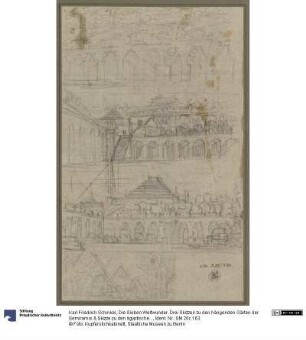 Die Sieben Weltwunder. Drei Skizzen zu den hängenden Gärten der Semiramis & Skizze zu den ägyptischen Pyramiden