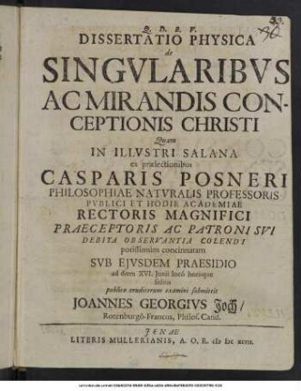 Dissertatio Physica de Singularibus Ac Mirandis Conceptionis Christi