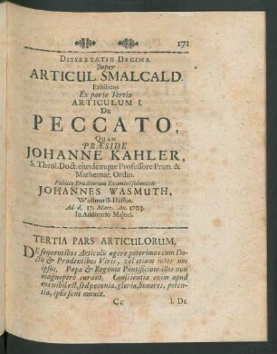 Dissertatio Decima ... Articulum I. De Peccato, ...