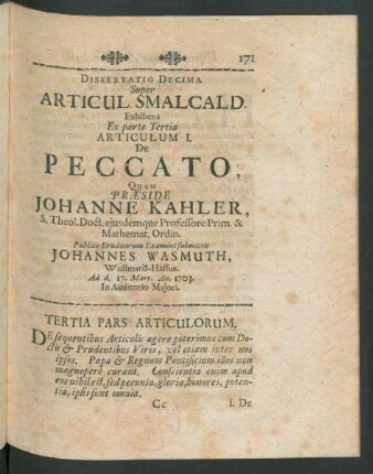 Dissertatio Decima ... Articulum I. De Peccato, ...