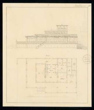 Haus auf dem Kreuzberg, Berlin Monatskonkurrenz September 1831: Grundriss Erdgeschoss, Aufriss Vorderansicht; Maßstabsleiste