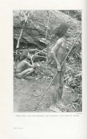 Sakai men with back-basket and blowpipes, Ulu Slim, S. Perak