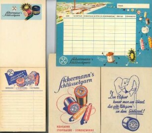 Stundenplan (kleine Firmenansicht "Dort kommen wir her") und andere Werbung für Ackermann's Schlüsselgarn