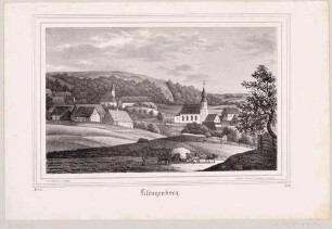 Ortsansicht von Klingenberg (Sachsen) am Tharandter Wald mit der Kirche im Vordergrund und dem Rittergut im Hintergrund, aus Sachsens Kirchen-Galerie von Hermann Schmidt, 1838, Bd. 2