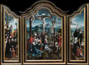 Triptychon mit der Kreuzigung Christi, Heiligen und Stifterfamilie
