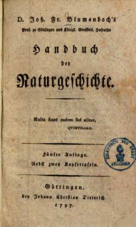 D. Joh. Fr. Blumenbachs ... Handbuch der Naturgeschichte