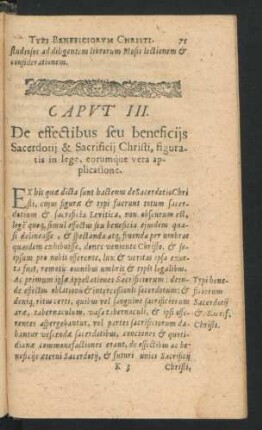 Caput III. De effectibus seu beneficiis Sacerdotii & Sacrificii Christi, figuratis in lege, eorumque vera applicatione.