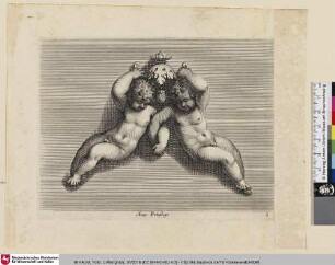 [Zwei Amoretten mit verschränkten Armen stützen einen umgekehrten Maskaron; Deux Amours, les bras entrelacés, soutiennent un mascaron renversé]