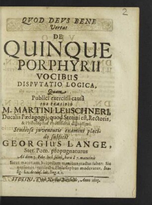 De Quinque Porphyrii Vocibus Disputatio Logica