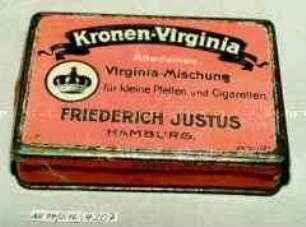 Blechdose für 50 Gramm Tabak "Kronen-Virginia Allerfeinste Virginia-Mischung für kleine Pfeifen und Cigaretten. FRIEDRICH JUSTUS HAMBURG."