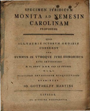 Specimen iur. monita ad Nemesin Carolinam proponens