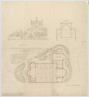 Thiersch, August ; Nürnberg (Bayern); Kath. - Apostolische Kirche, Projekt - Lageplan m. Grundriss, Querschnitt