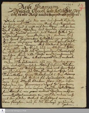Reisetagebuch von Gottfried Wilhelm Obuch und Johann Balthasar Kohlhoff.