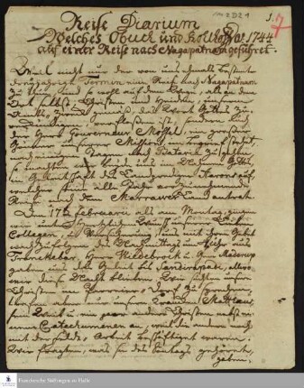 Reisetagebuch von Gottfried Wilhelm Obuch und Johann Balthasar Kohlhoff.