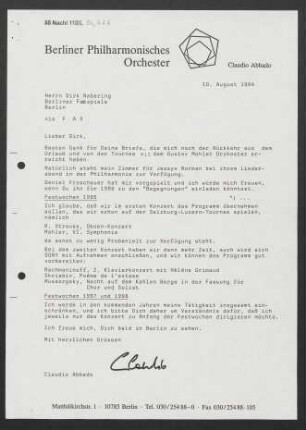 Brief an Dirk Nabering an Berliner Festspiele, 10.08.1994