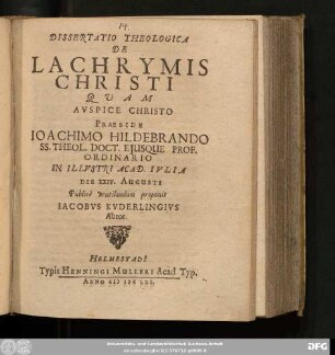 Dissertatio Theologica De Lachrymis Christi