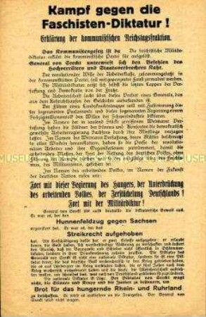Flugblatt der kommunistischen Reichstagsfraktion mit Kampfansage gegen die Parteien der Weimarer Republik
