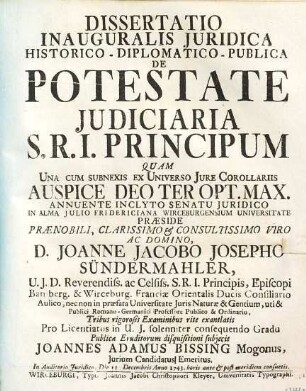 Dissertatio Inauguralis Juridica Historico-Diplomatico-Publica De Potestate Judiciaria S. R. I. Principum