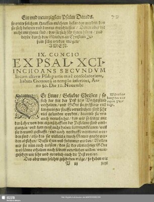 IX. Concio Ex Psal. XCI. Inchoans Secundum locum alterae Psal: partis mire consolatorium, habita Cremnicii in templo inferiori, Anno 80. Die 10. Novemb: