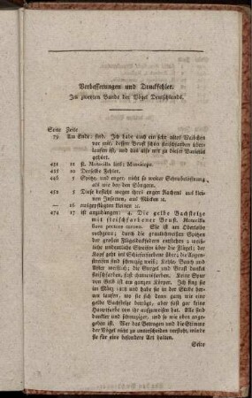 Verbesserungen und Druckfehler. Im zweyten Bande der Vögel Deutschlands.