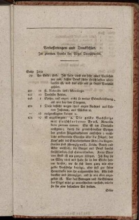 Verbesserungen und Druckfehler. Im zweyten Bande der Vögel Deutschlands.