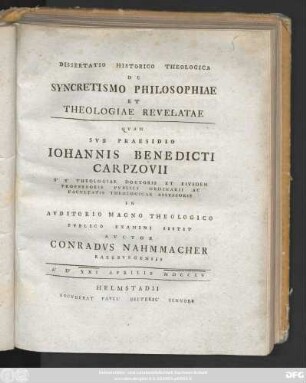 Dissertatio Historico Theologica De Syncretismo Philosophiae Et Theologiae Revelatae