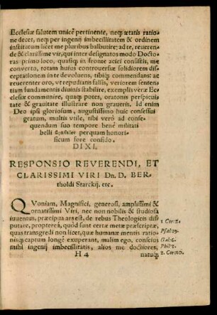 Responsio Reverendi ... Dn. D. Bertholdi Starckii. etc.