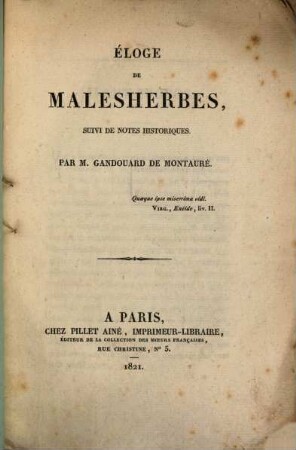 Éloge de Malesherbes : suivi de notes historiques