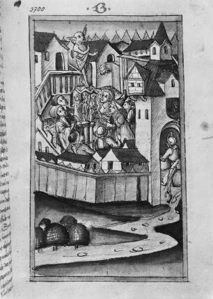 Weltchronik des Jansen Enikel — Anbetung der Göttin Cisa auf freiem Platz, Folio 58recto