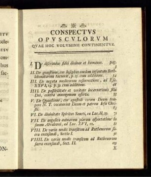 Conspectus opusculorum quae hoc volumine continentur.