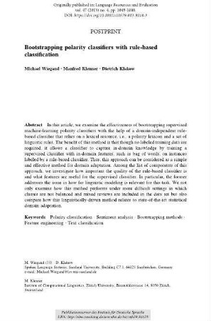 Bootstrapping polarity classifiers with rule-based classification