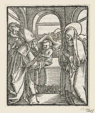 Darstellung im Tempel, aus: Johann Eck, "Quintae partis Iohan Eckii in Lutherum et alios", Augsburg 1534, S. 63 verso