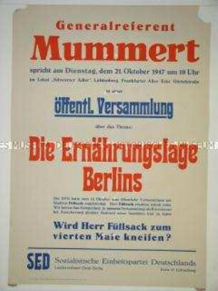 Maueranschlag der SED Berlin mit Ankündigung einer Versammlung zur Ernährungslage der Stadt