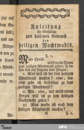 Anleitung für Einfältige zum heilsamen Gebrauch des heiligen Nachtmahls.