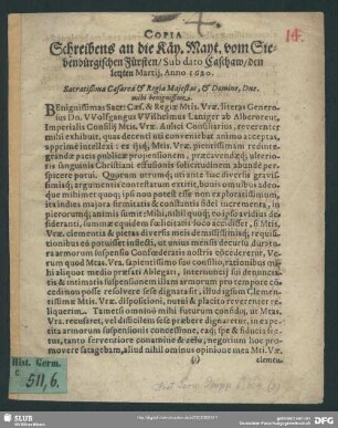 Copia Schreibens an die Käy. Mayt. vom Siebenbürgischen Fürsten, sub dato Caschaw, den letzten Martii, anno 1620