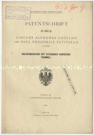 Patentschrift einer Dreschmaschine mit stehender konischer Trommel, Patent-Nr. 6613