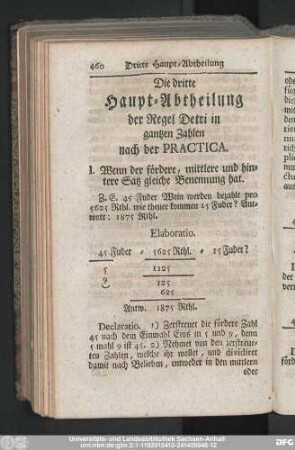 Die dritte Haupt-Abtheilung der Regel Detri in gantzen Zahlen nach der Practica.