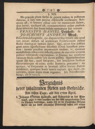 Verzeichnis derer zuhaltenden Reden und Gespräche.