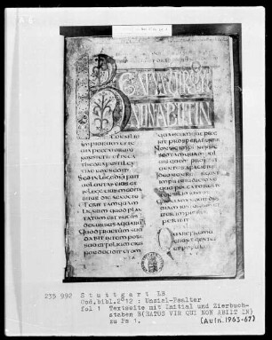 Lateinischer Psalter in Unzialschrift, 3 Bände — Initiale B(eatus vir), Folio 1recto