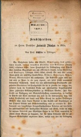 Sendschreiben an Herrn Professor Heinrich Düntzer in Köln : [Goethe's Frussbetr.]