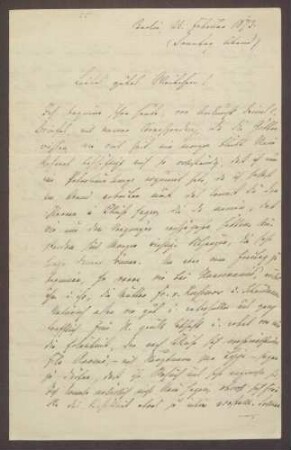 Schreiben von Moritz Ellstätter, Berlin, an seine Frau Marie: - Arbeitsbelastung (Referat und Sitzungen) - Besuche und Einladungen bei Hansemanns, Gneists, Dunckers, Auerbachs, [Johanna] Veit, Höber, [Hans Freiherr von] Türckheim, Wolffs - Einladung zum Hofball - Privates