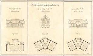ohne Verfasserangabe; Ludwigshafen (Rheinland-Pfalz); Goetheschule - Pavillon, eingeschossig (Grundriss EG, Grundris 1. OG), Vorderseite u. Rückseite (Ansichten); Eckpavillon, zweigeschossig (Grundriss EG), Giebelseite (Ansicht)