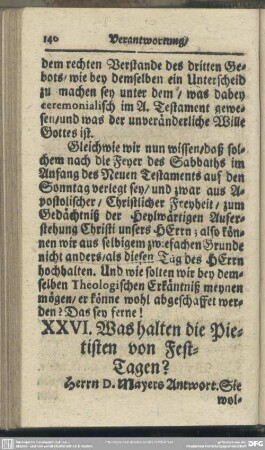 XXVI. Was halten die Pietisten von Fest-Tagen?