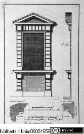 Studio d'architettura civile sopra gli ornamenti di porte, e finestre colle misure, piante, modini, e profili, tratte da alcune fabbriche insigni di Firenze erette col disegno dè più celebri architetti / opera misurata, disegnata, e intagliata da Ferdinando Ruggieri, sotto gli auspici dell' A. R. di Cosimo III. Granduca di Toscana, Parte Prima, Firenze 1722, nella Samperia Reale presso Gio: Gaetano Tartini, e Santti Franchi, con Licenza de Superiori.Aufriss, Profile und Seitenansicht eines Erdgeschossfenster am Palazzo Cerchi? - Studio d'architettura civile, da Ferdinando Ruggieri, Parte prima, Firenze 1722.