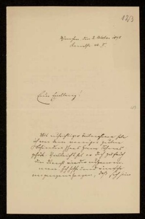 123: Brief von Karl von Unzer an Gottlieb Planck, München, 2.10.1898