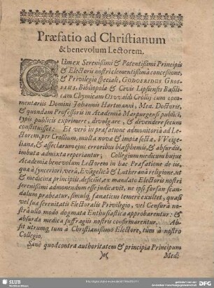 Praefatio ad Christianum & benevolum Lectorem.